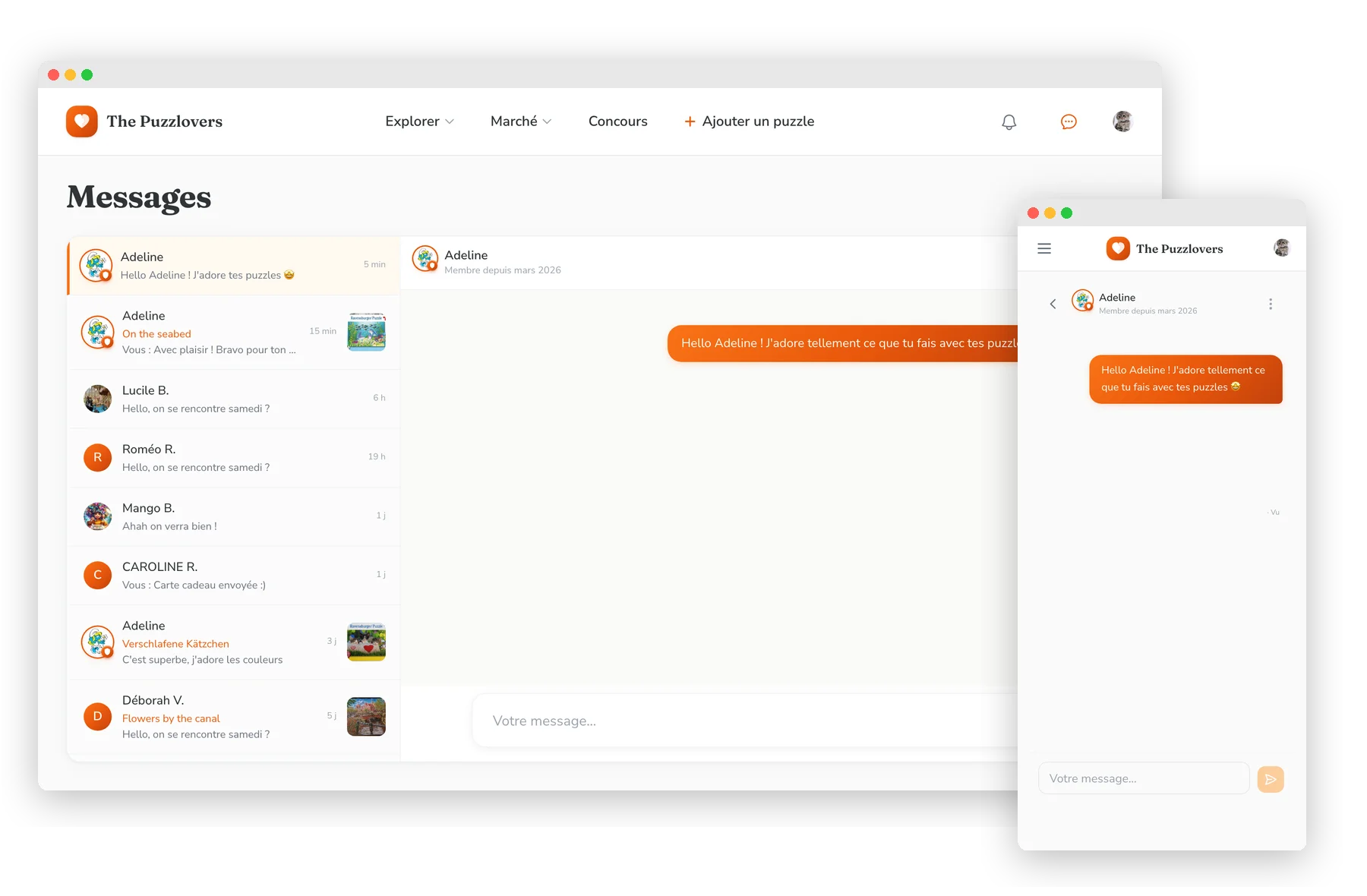 Aperçu de la messagerie sur ordinateur et mobile, avec une conversation ouverte et l'en-tête « Membre depuis mars 2026 »