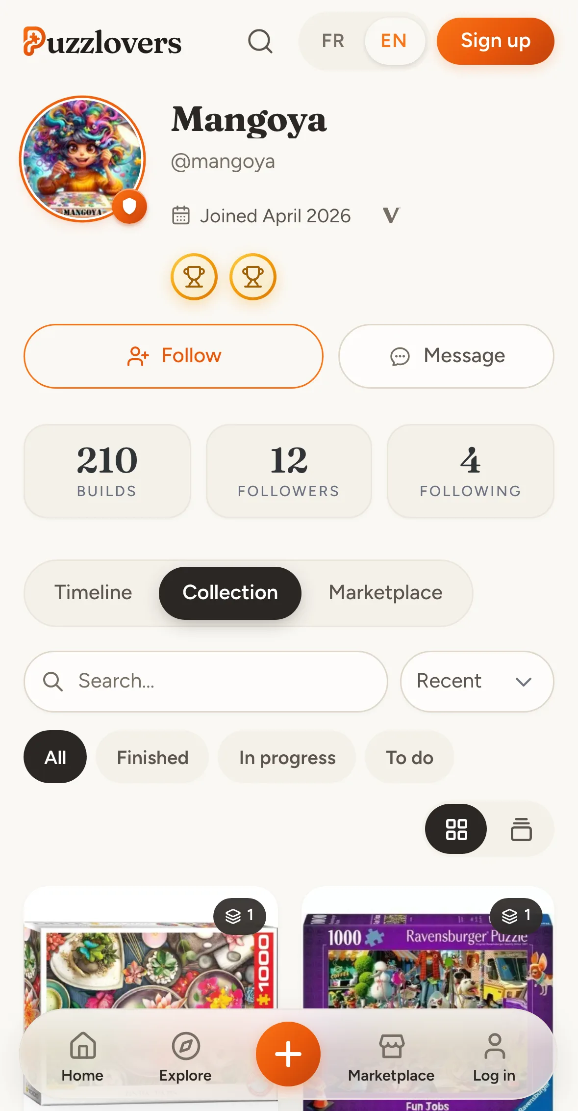 A Puzzlover's timeline on The Puzzlovers, mobile view
