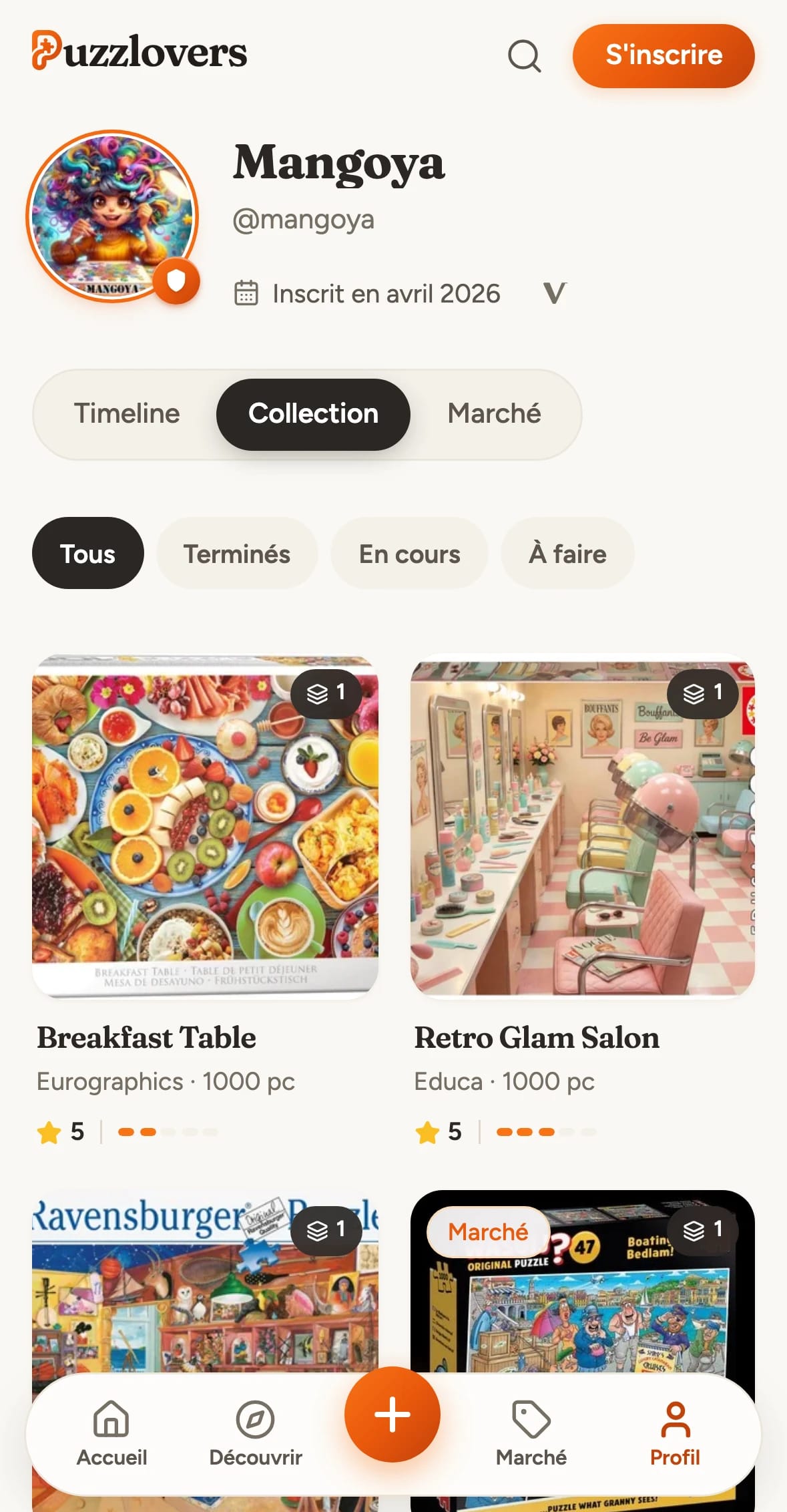 Timeline d'un Puzzlover sur The Puzzlovers, vue mobile
