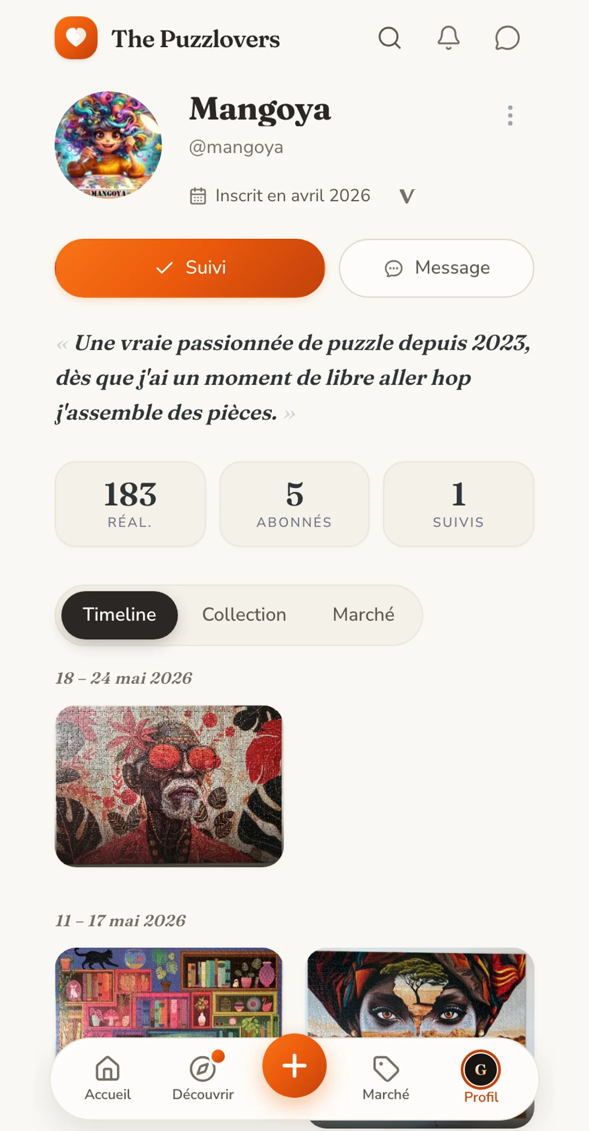 Timeline d'un Puzzlover sur The Puzzlovers, vue mobile